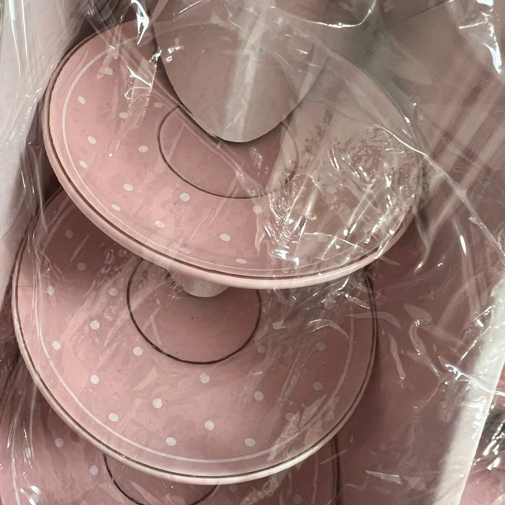 Pink Polka Dot Ceramic Tea Set 9 Piece Teapot Cups Saucers Shabby Chic Gold Trim